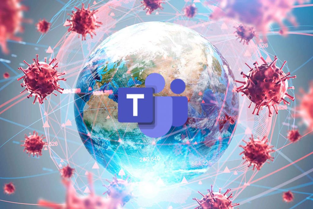 Microsoft Teams with a virus surrounding the world