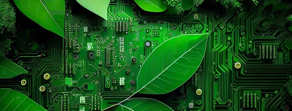 Sustainable technology, green leaves and circuit board