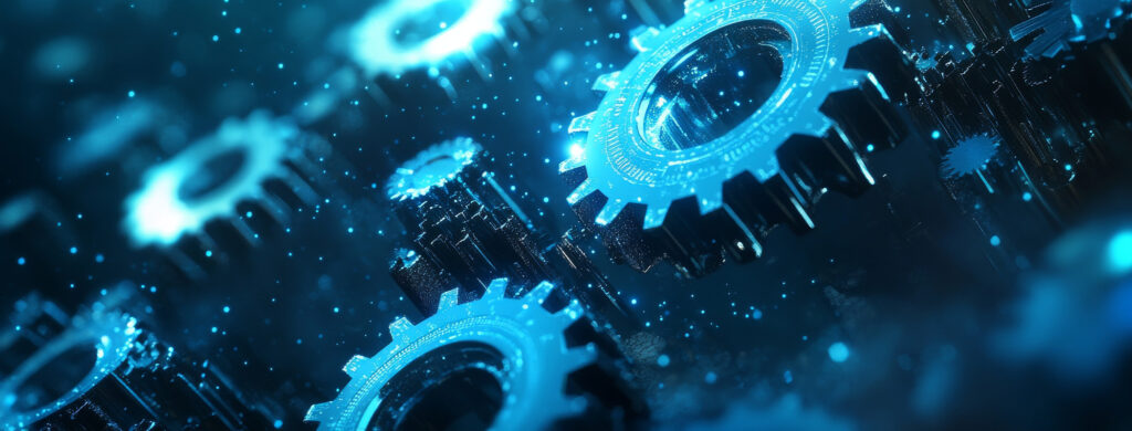 Blue cog wheels floating on a background of blue surrounded by specks of light