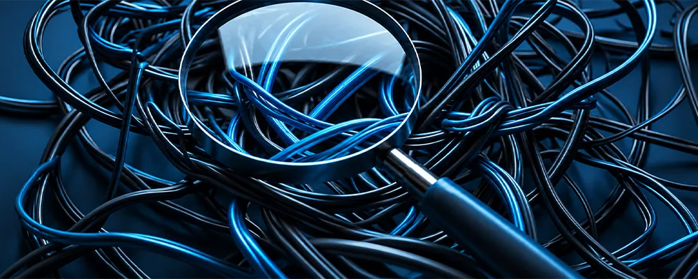 Magnifier enlarging a tangled linear workflow beside a clean hub-and-spoke process ready for Copilot in Dynamics 365