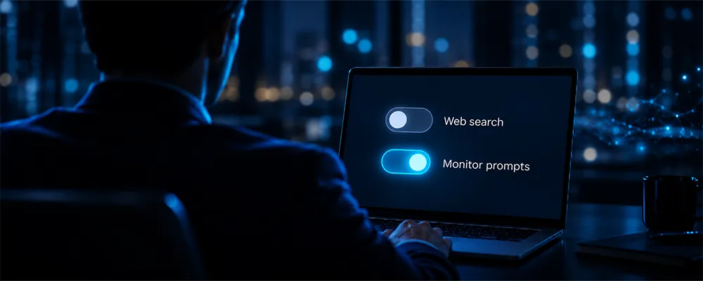 Business owner viewing Copilot settings with web search turned off and prompt monitoring turned on