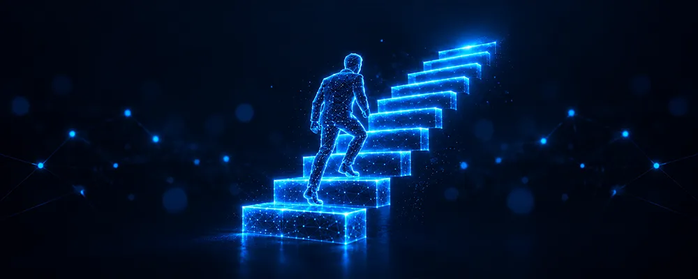 Business owner climbing steps representing Essential Eight maturity levels for cyber security services.