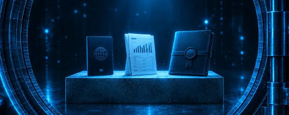 Open vault holding a passport, bank statement and trust deed, showing the AML/CTF data now needing cyber security services.
